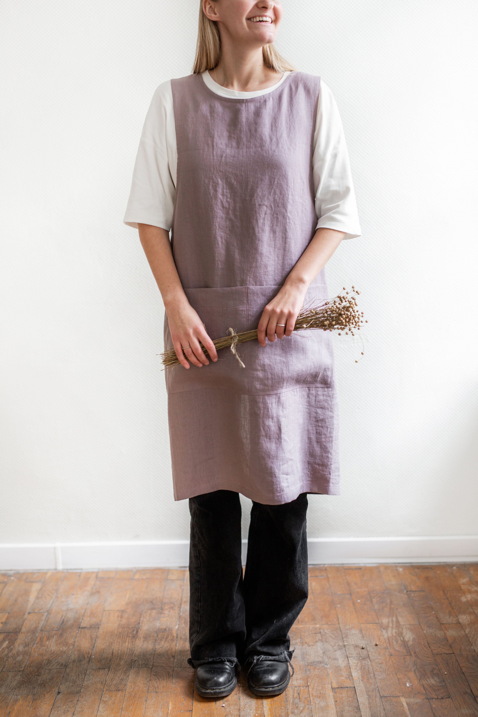 Front Of Pinafore Linen Apron In Dusty Lavender By AmourlInen