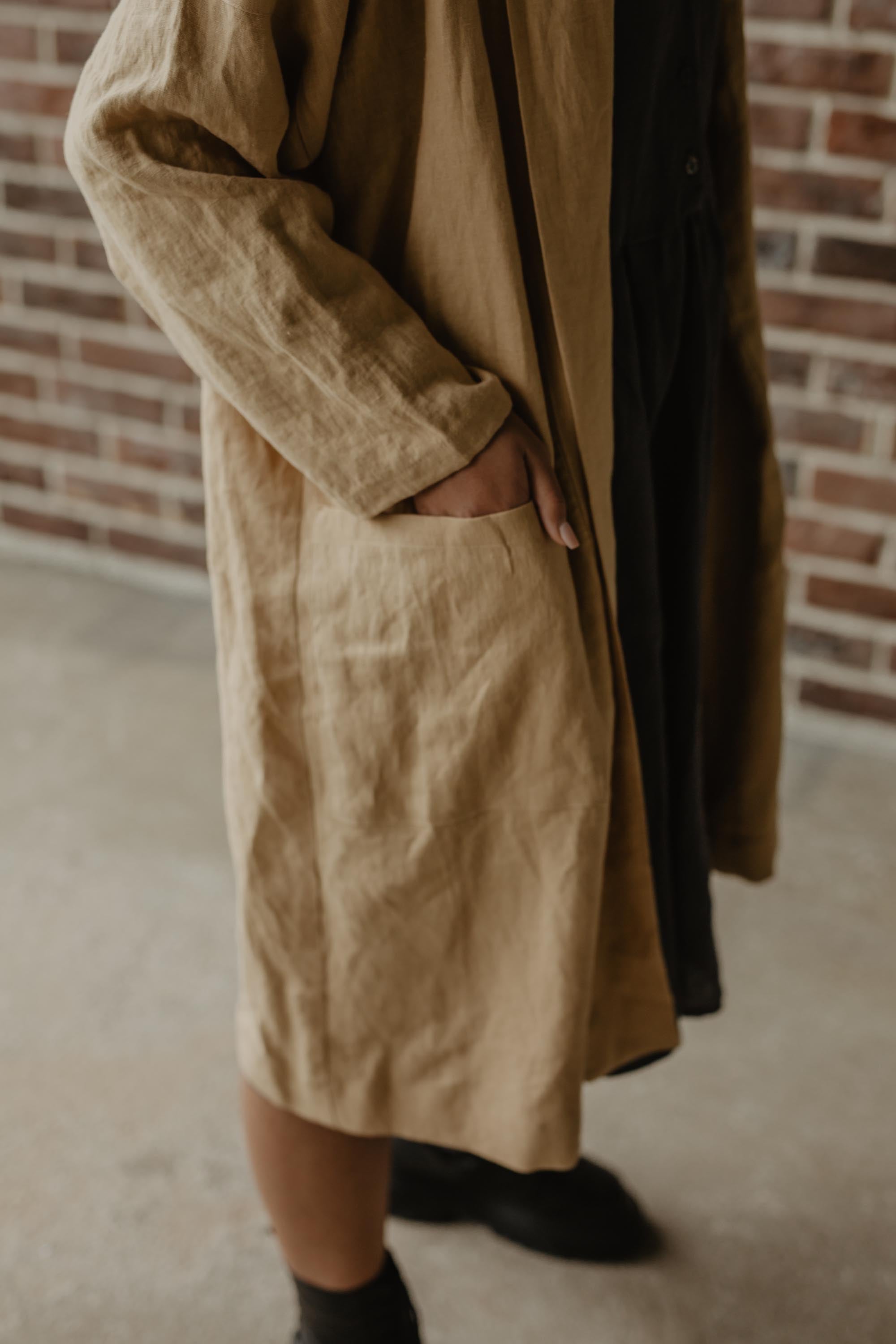 Close Up Of Mid_Lenght Linen Coat By AmourLinen