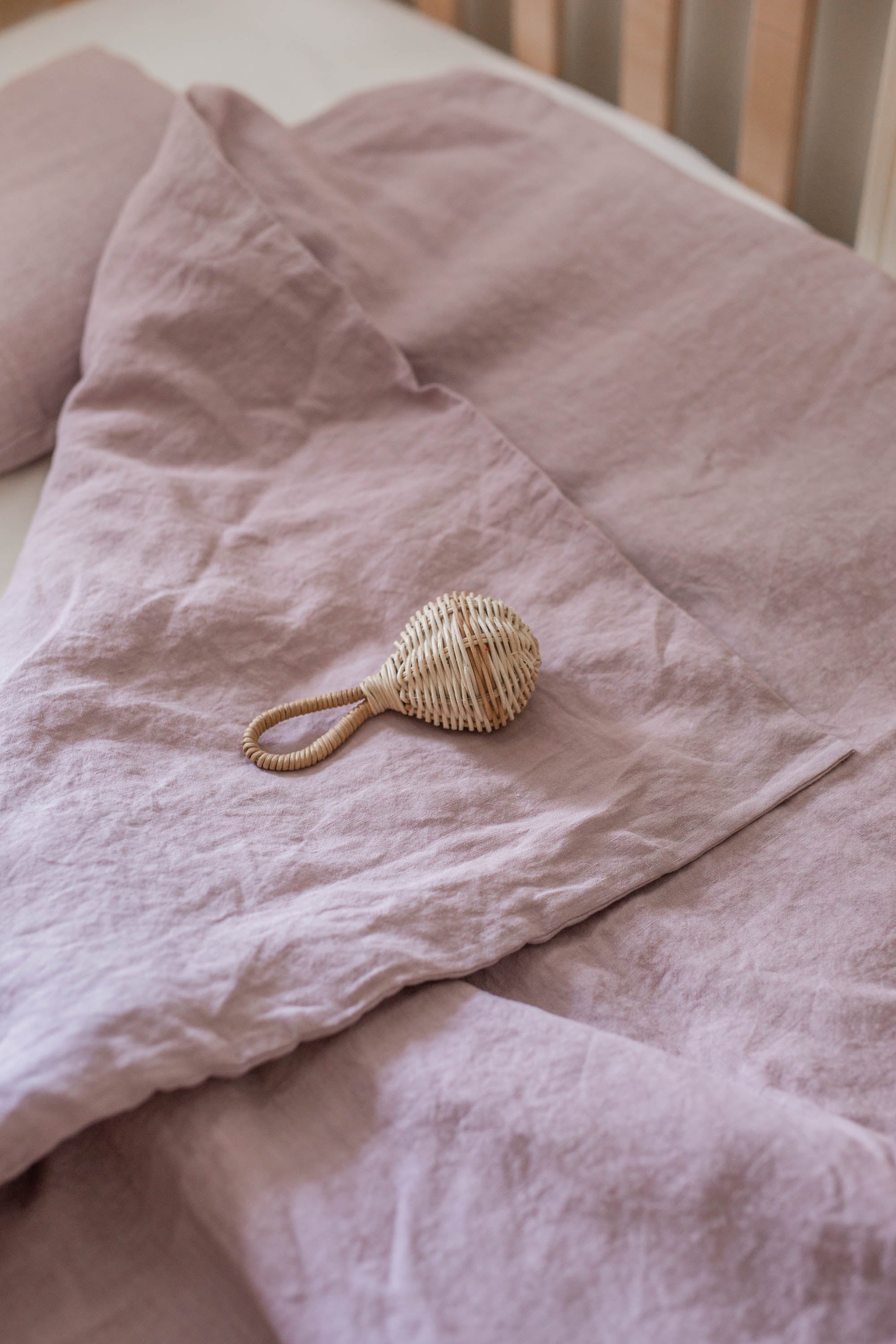 Close Up Of Dusty Rose Linen Baby Bedding By AmourlInen