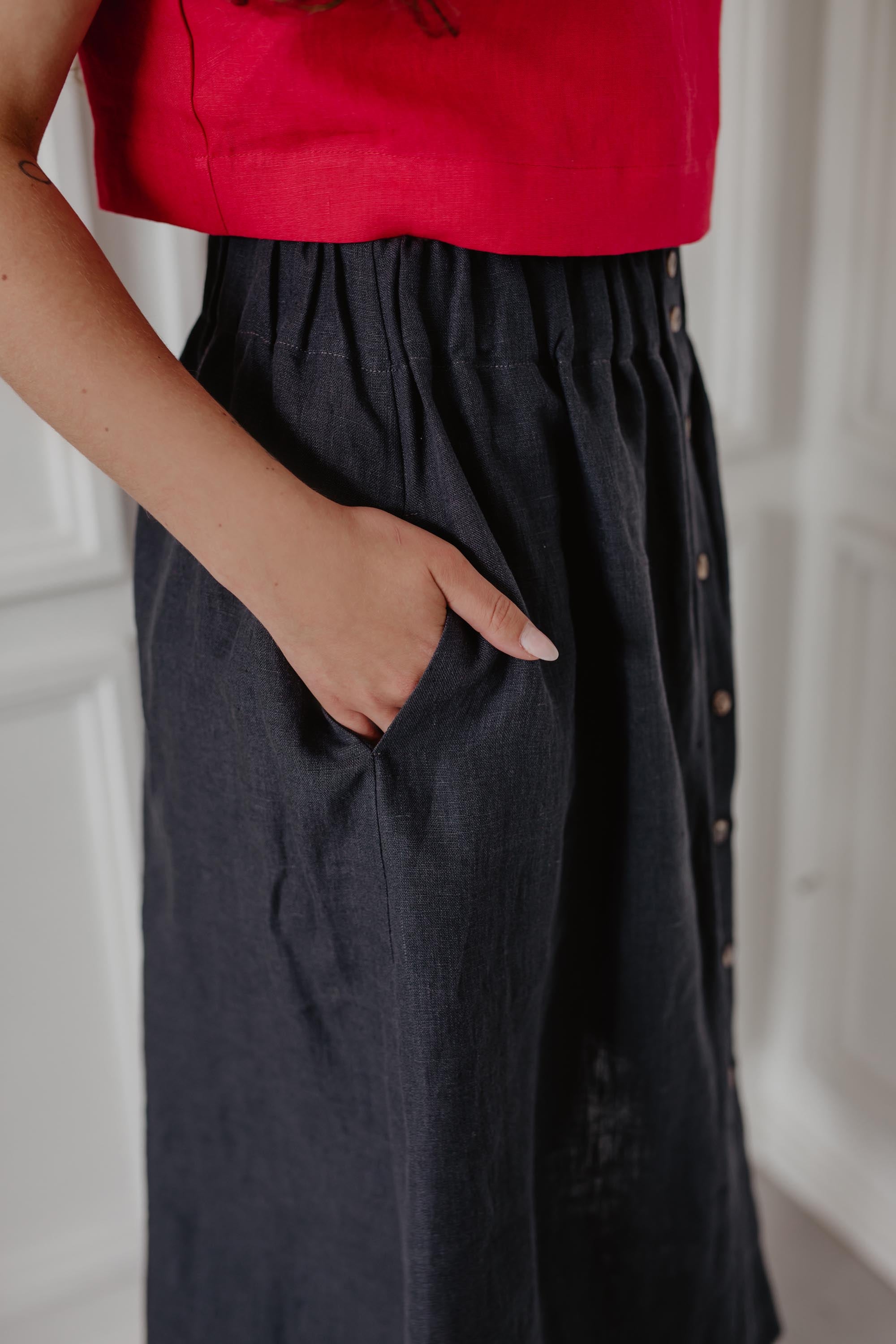 Side View Close Up Of Charcoal Linen Skirt With Buttons  By AmourLinen