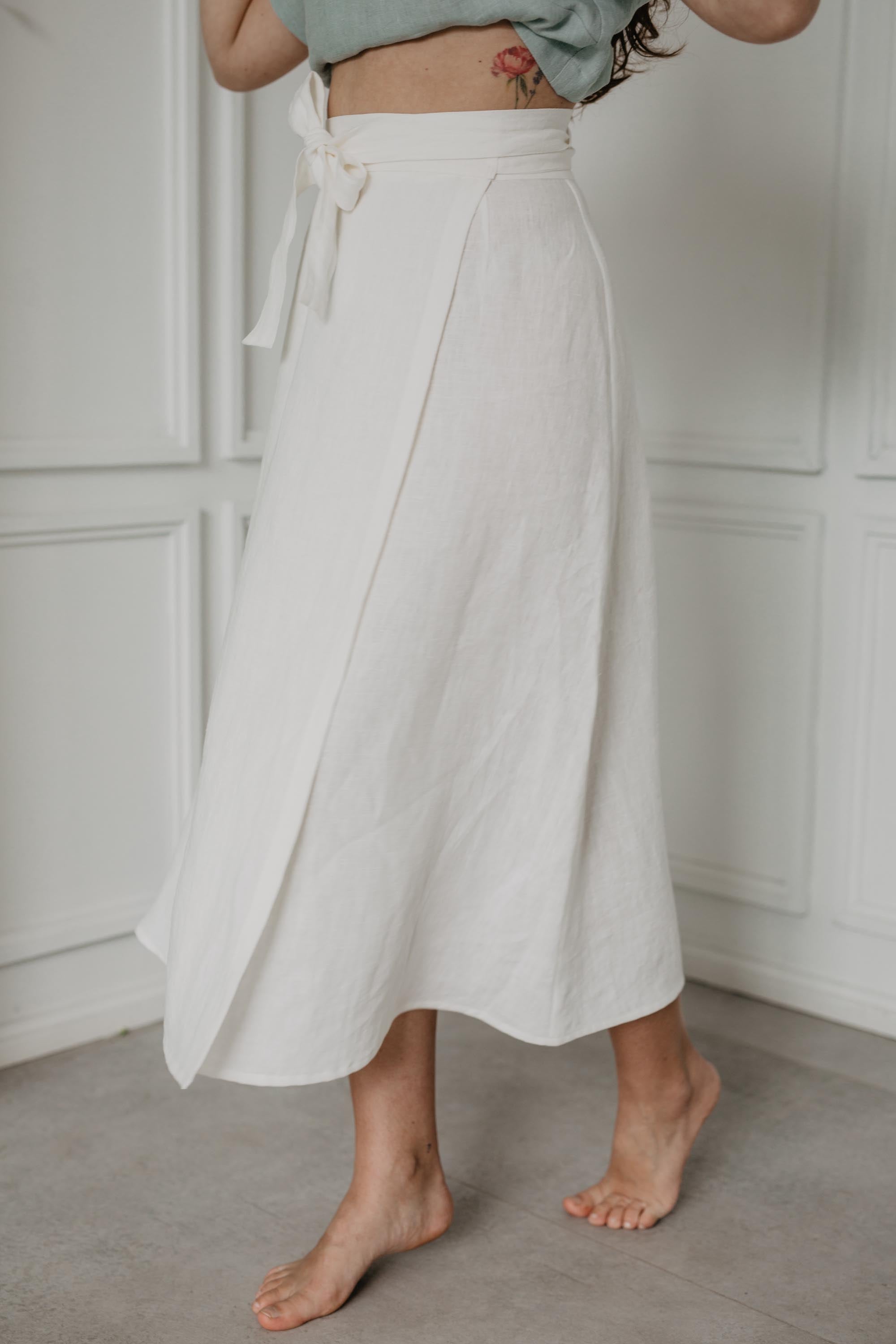 Side Of White Linen Wrap Skirt Close Up