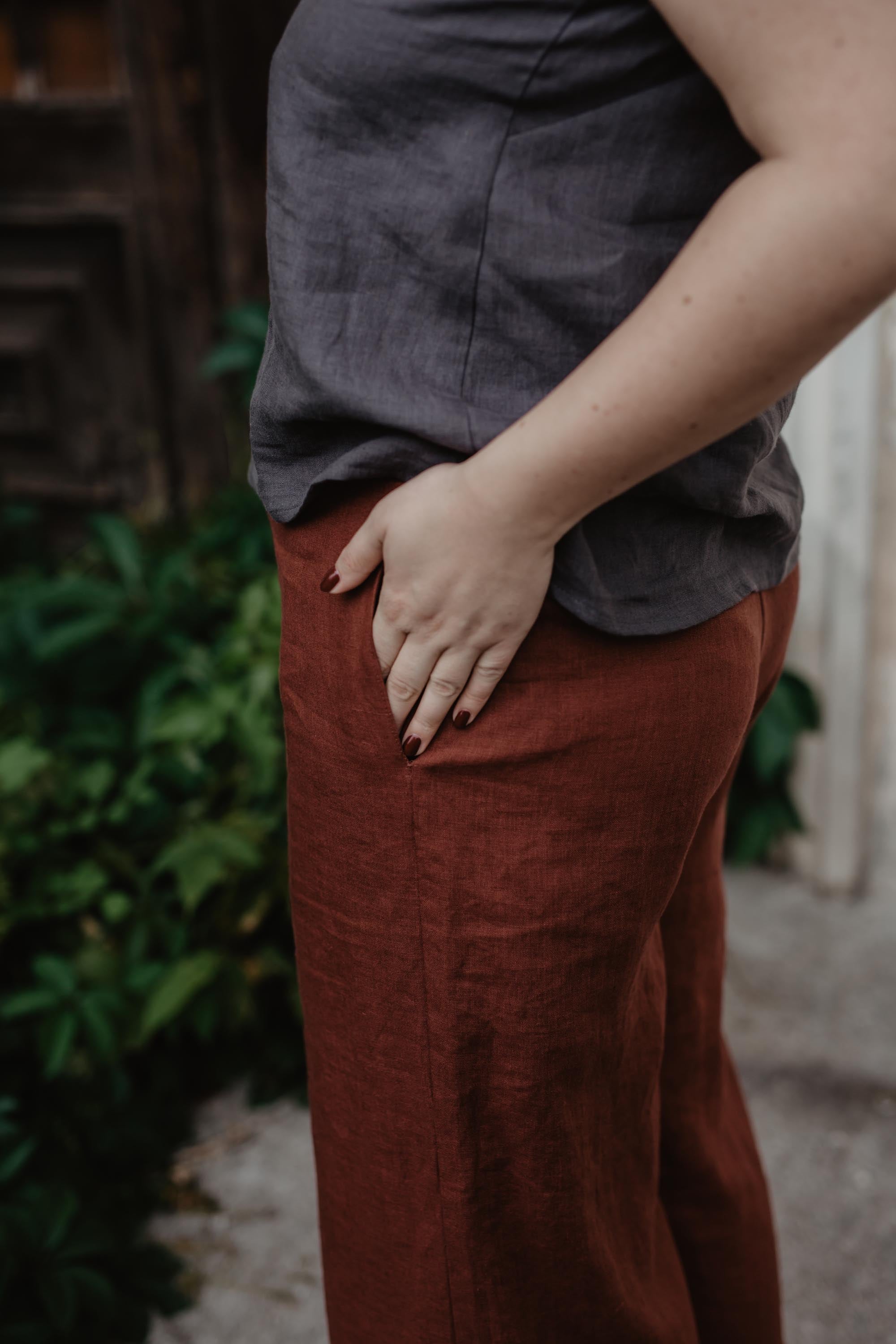 Close Up Of Terracotta Linen Pants By Amourlinen
