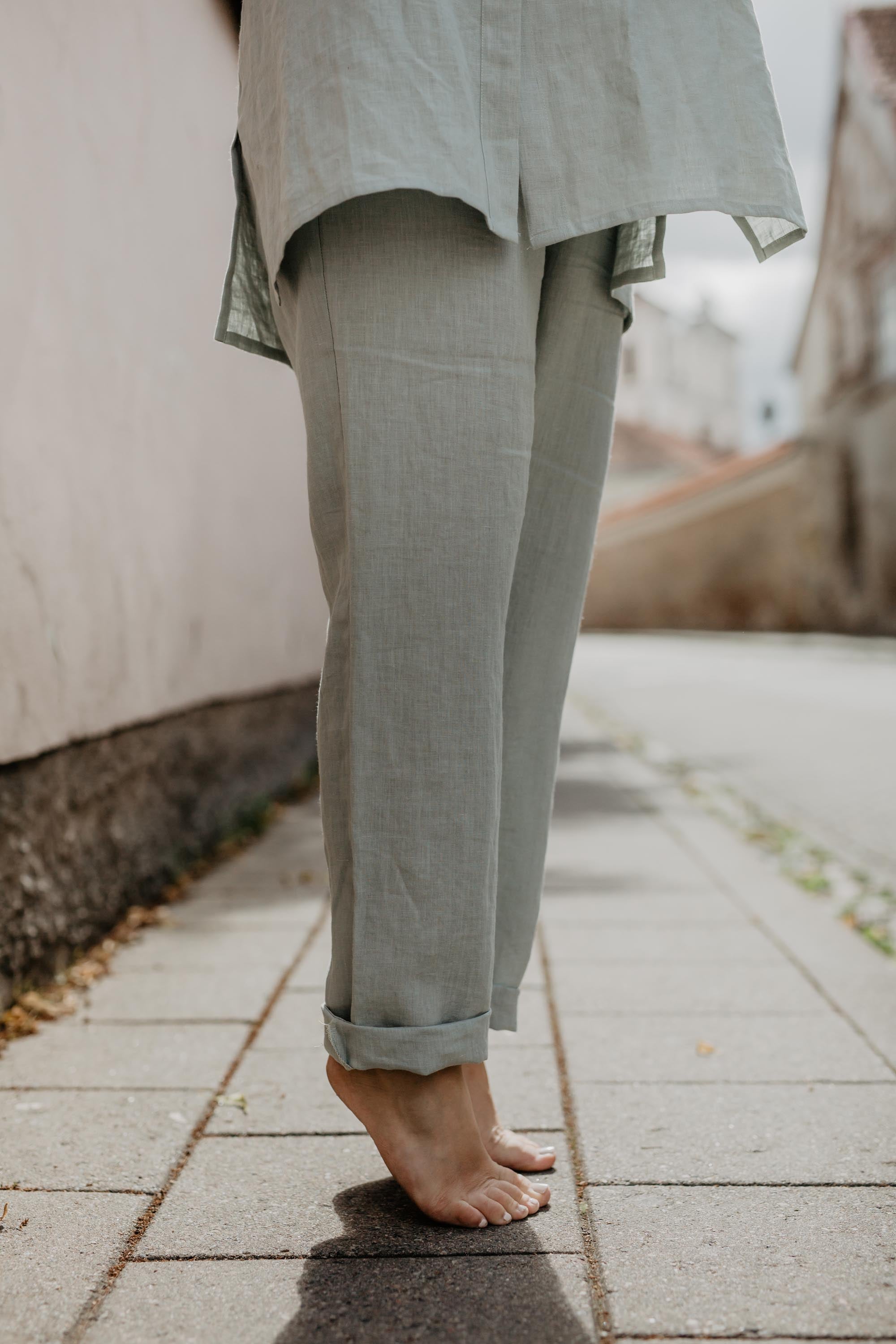 Tiptoes and Sage Green Linen Pants By AmourLinen