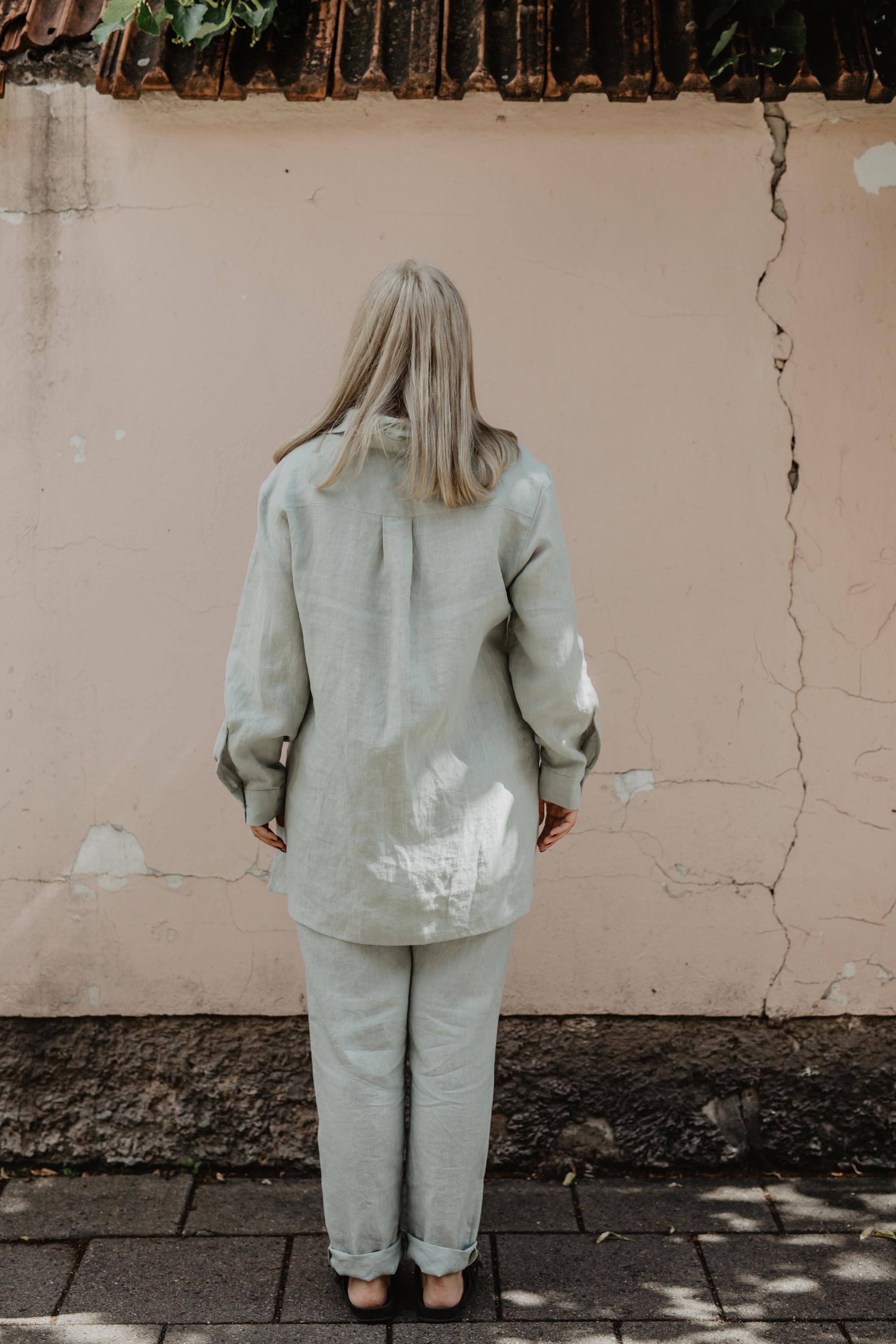 Back of Woman Wearing Sage Green Linen Suit Set By AmourLInen