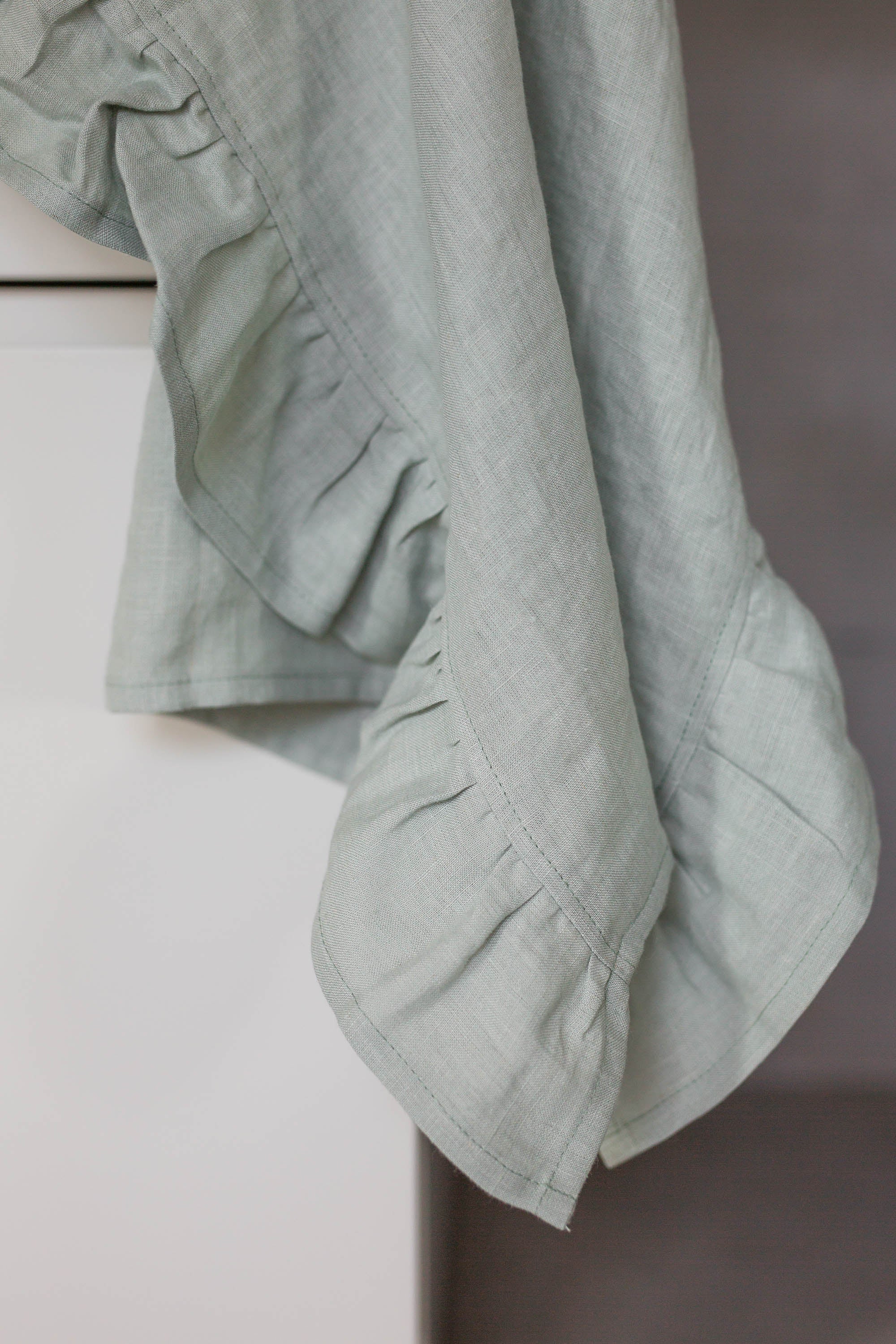 Sage Green Ruffled Linen Tea Towel By AmourLInen