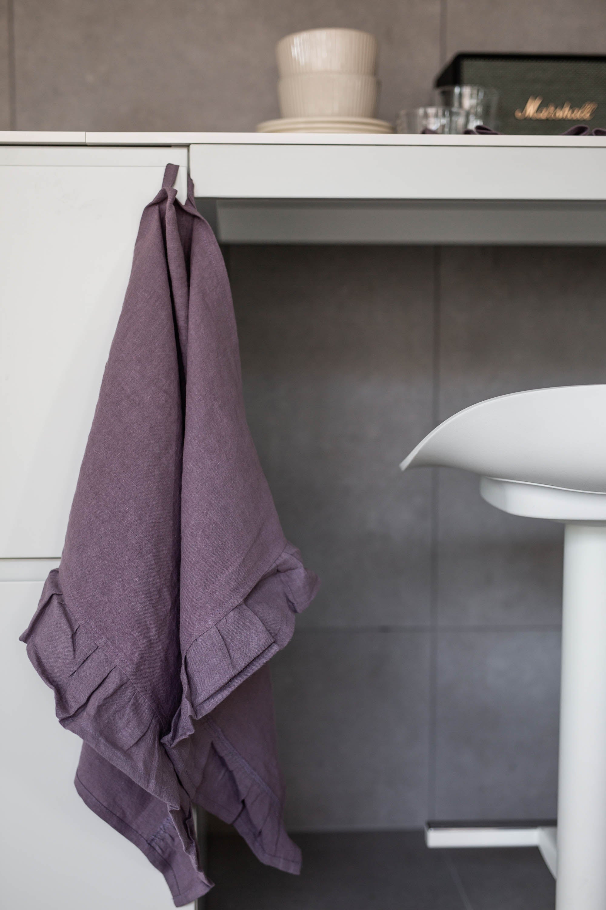 Dusty Lavender Ruffled Linen Tea Towel By AmourLInen