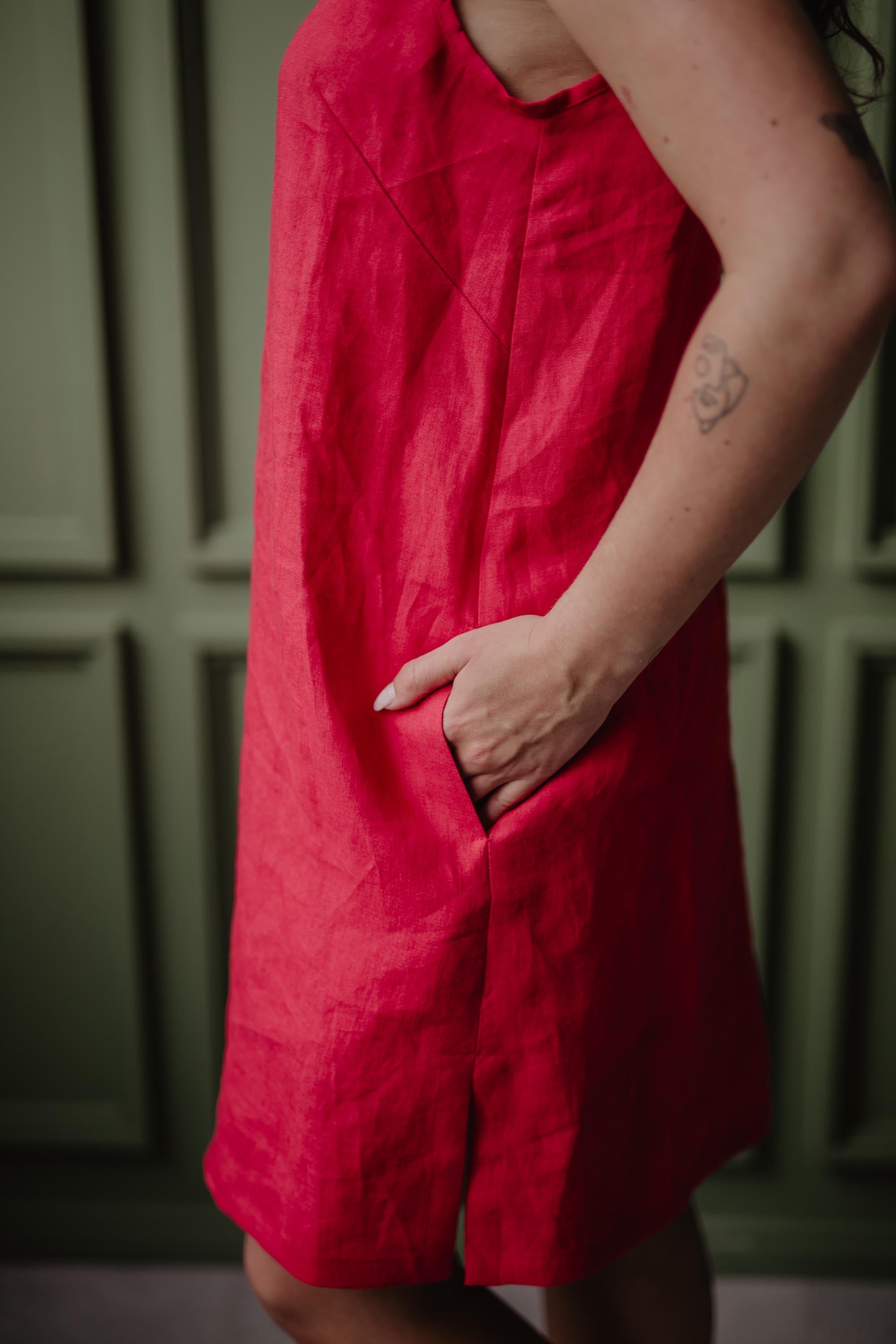 Side Close Up Of Red Linen Slip Dress by Amourlinen