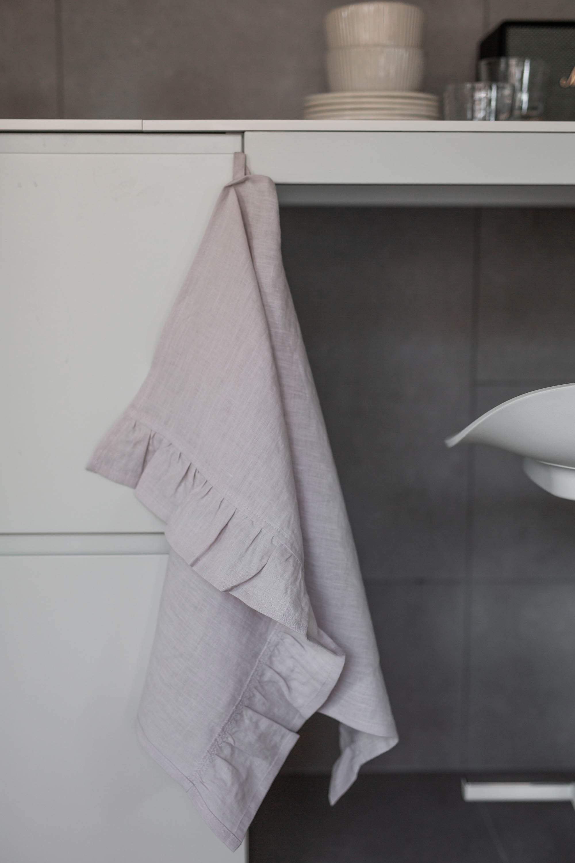 Cream Color Ruffled Linen Tea Towel By AmourLInen