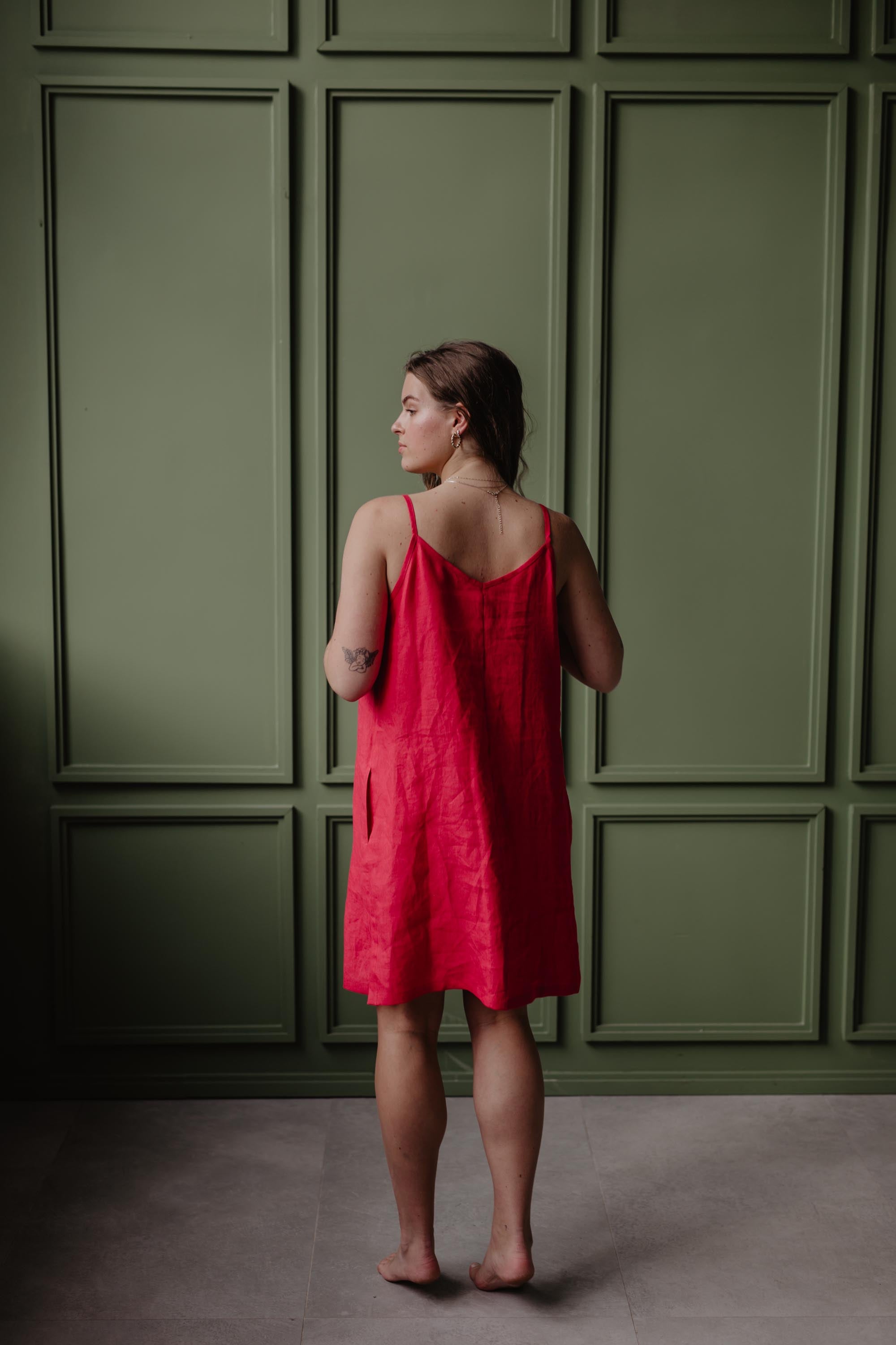 Back View Of Women Wearing A Red Linen Slip Dress by Amourlinen