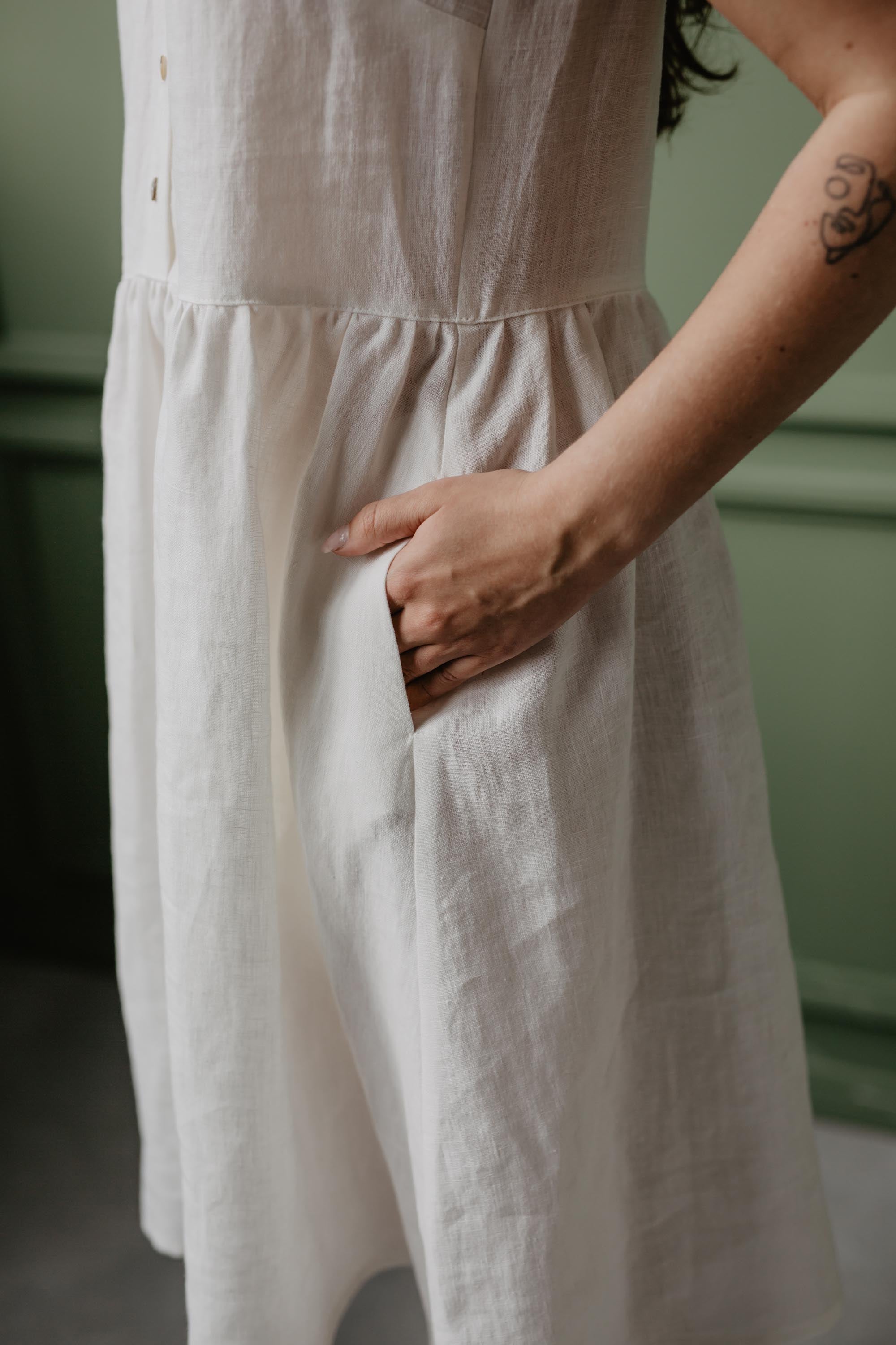 Close Up Of White Linen Sleeveless Summer Dress Side by Amourlinen