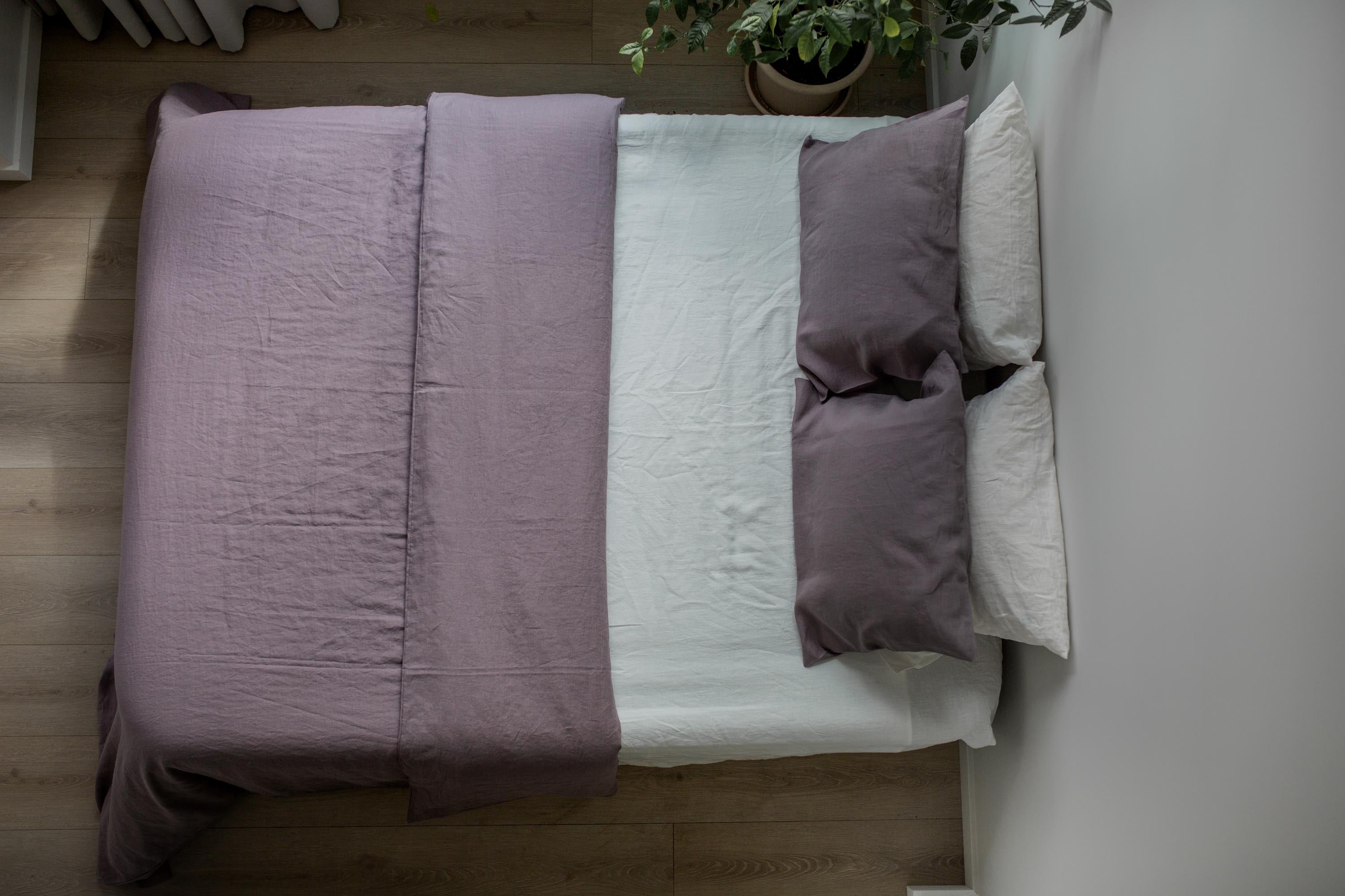 Top View OF Bed With Dusty Lavender LInen Pillowcase And Sheets By AmourlInen