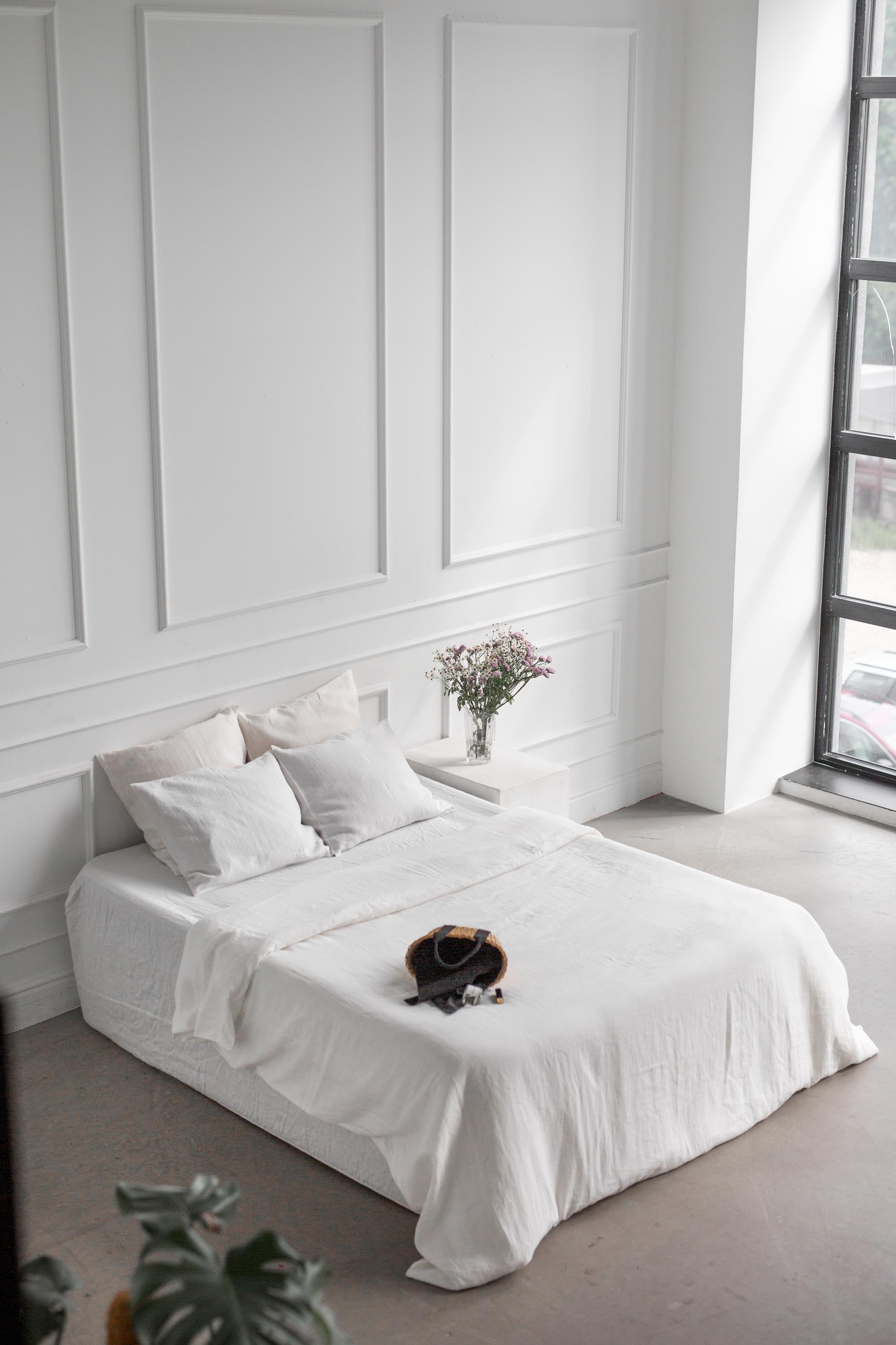 Top View of Bed With White Linen Duvet Cover By AmourlInen