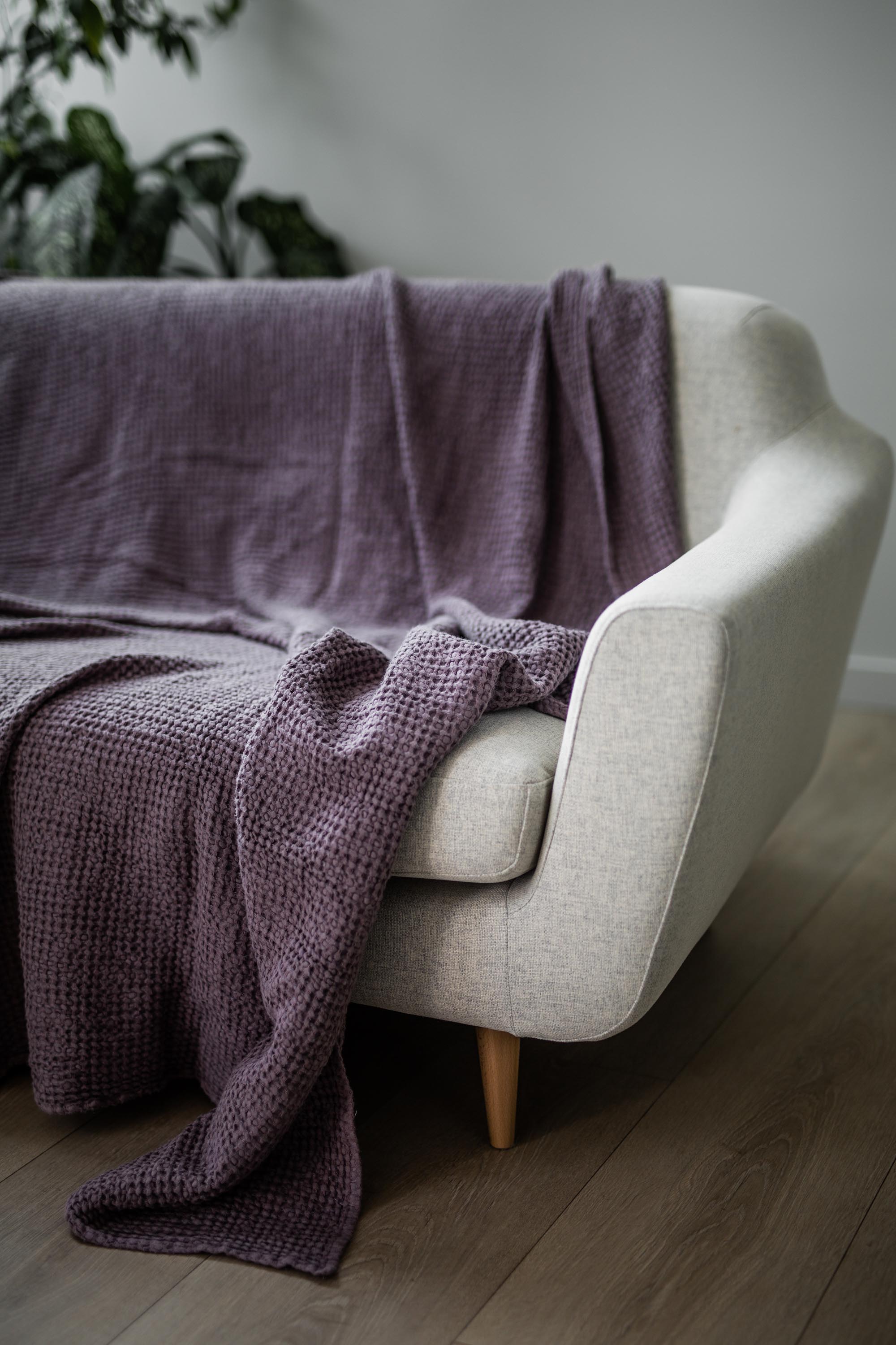 Dusty Lavender Linen Waffle Blanket On Sofa
