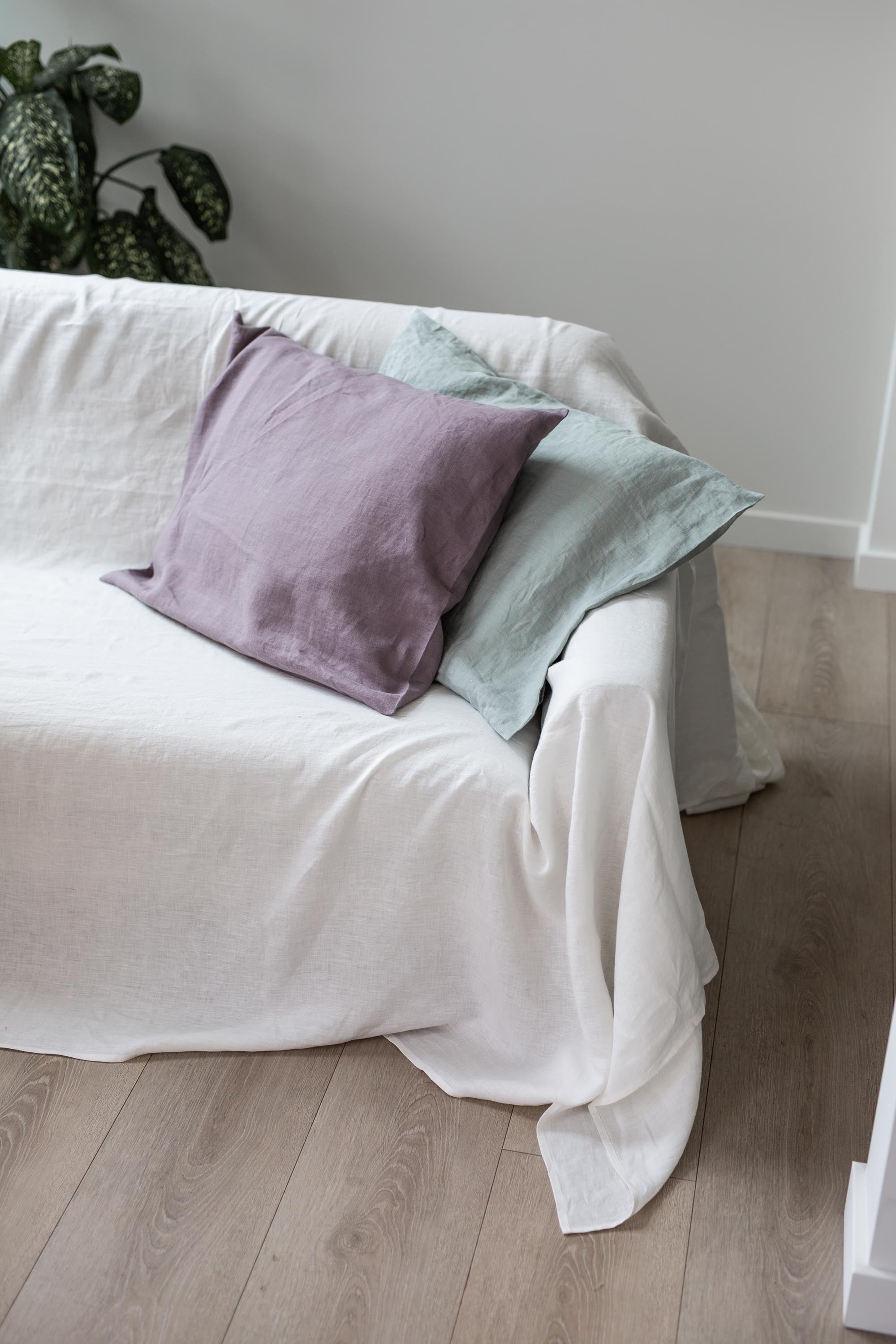 Couch Covered With A White Linen Couch Cover And A Few Pillowr By Amourlinen