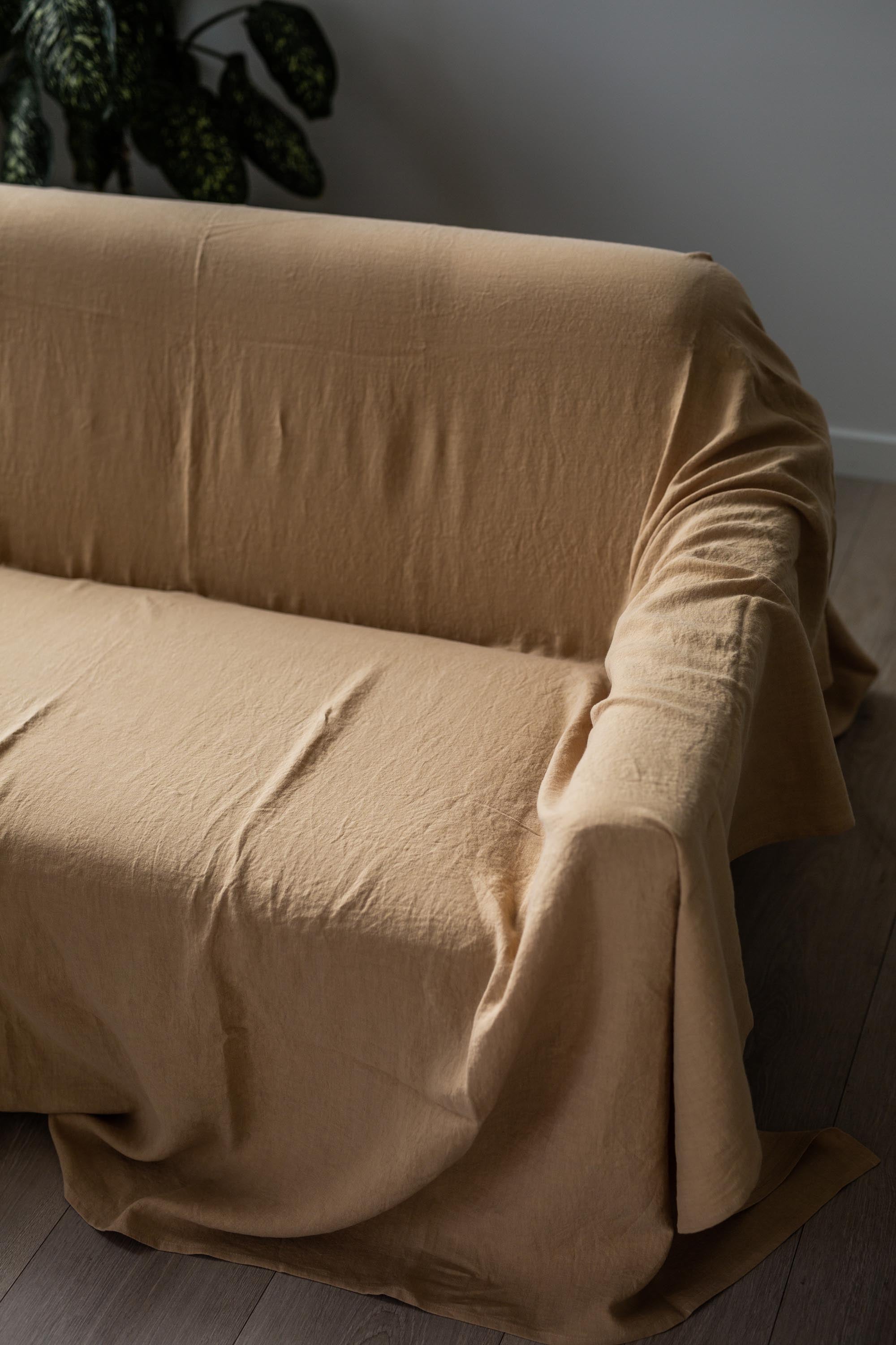 Couch Covered With Lined Flat Sheet In Mustard BY AmourLInen