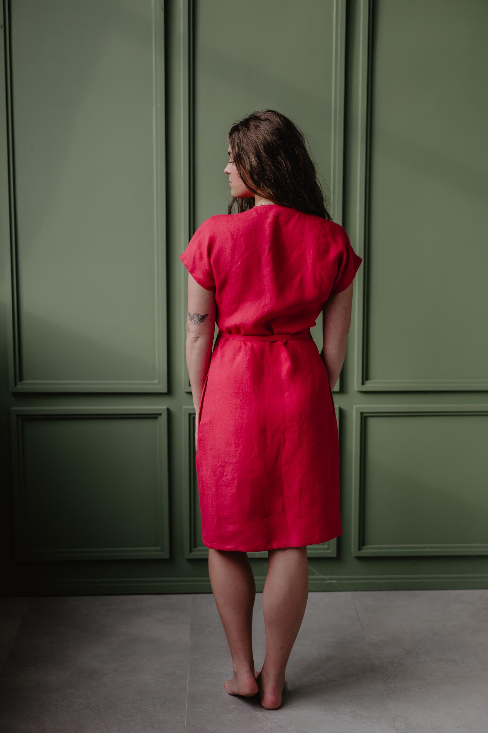 Back Of Red Linen Wrap Dress