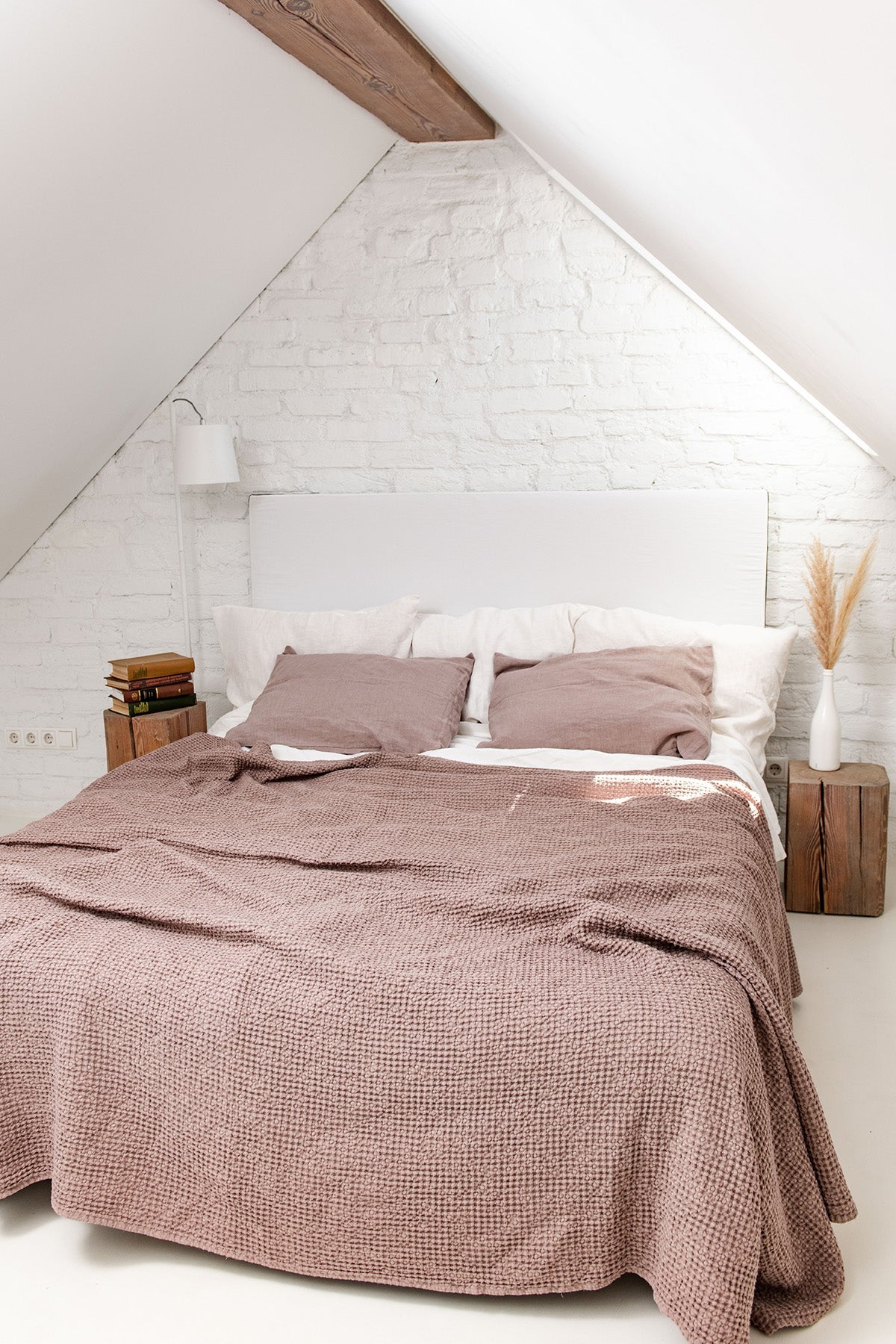 Rustic Minimal room with Linen Waffle Blanket in Rosy Brown Layed on Bed By AmourlInen