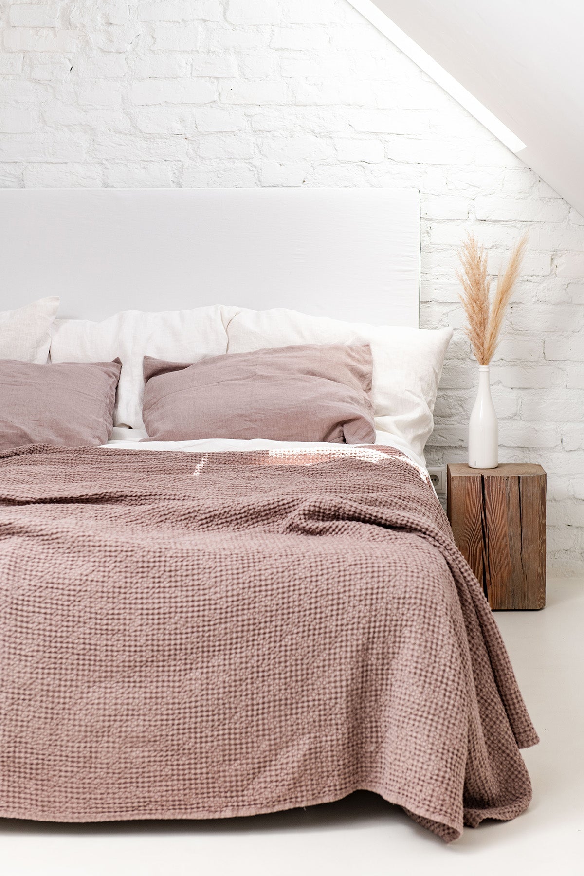 Corner Shot of Bed with Linen Waffle Blanket in Rosy Brown By AmourlInen