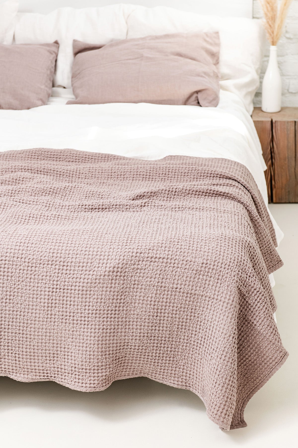 Bed With Rosy Pillowcases and A Linen Waffle Bed Throw In Rosy Brown By AmourLinen