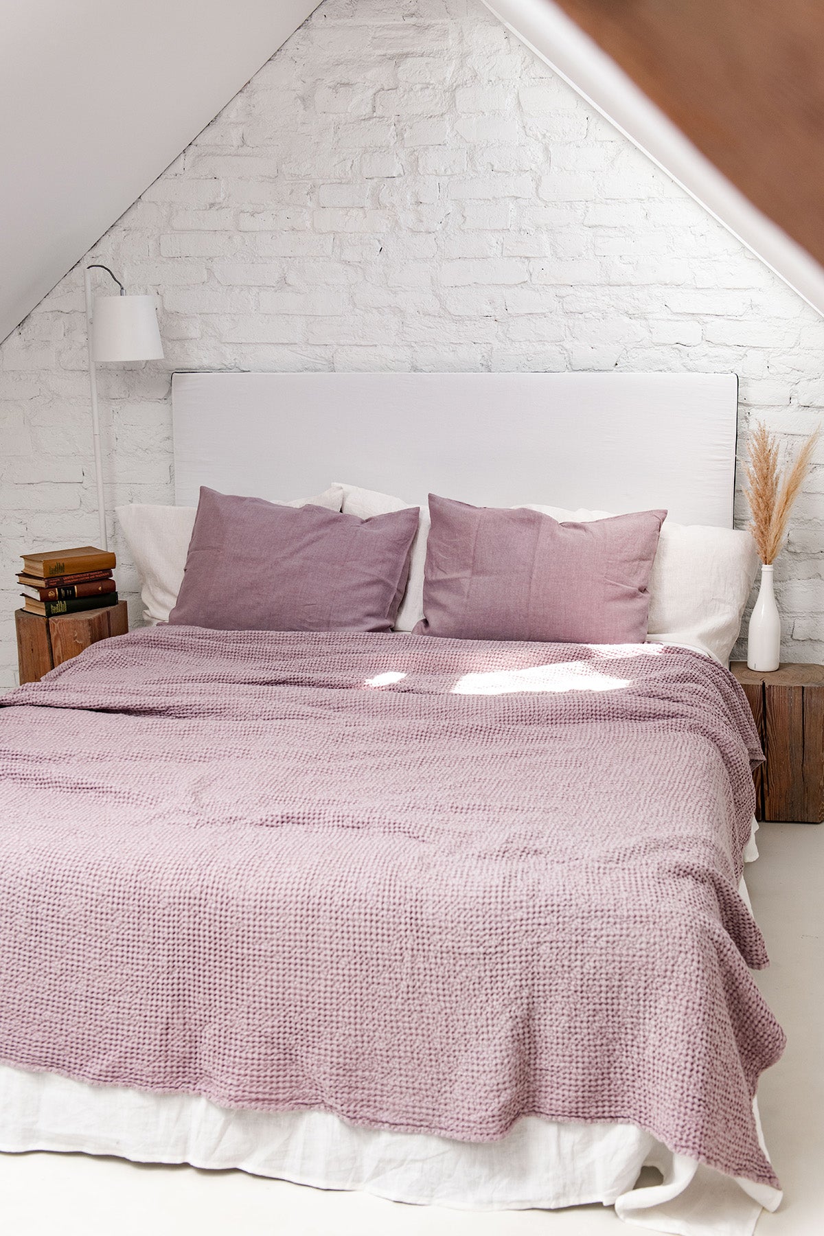 Dusty Rose Linen Waffle Blanket On Tidy Bed By AmourLinen
