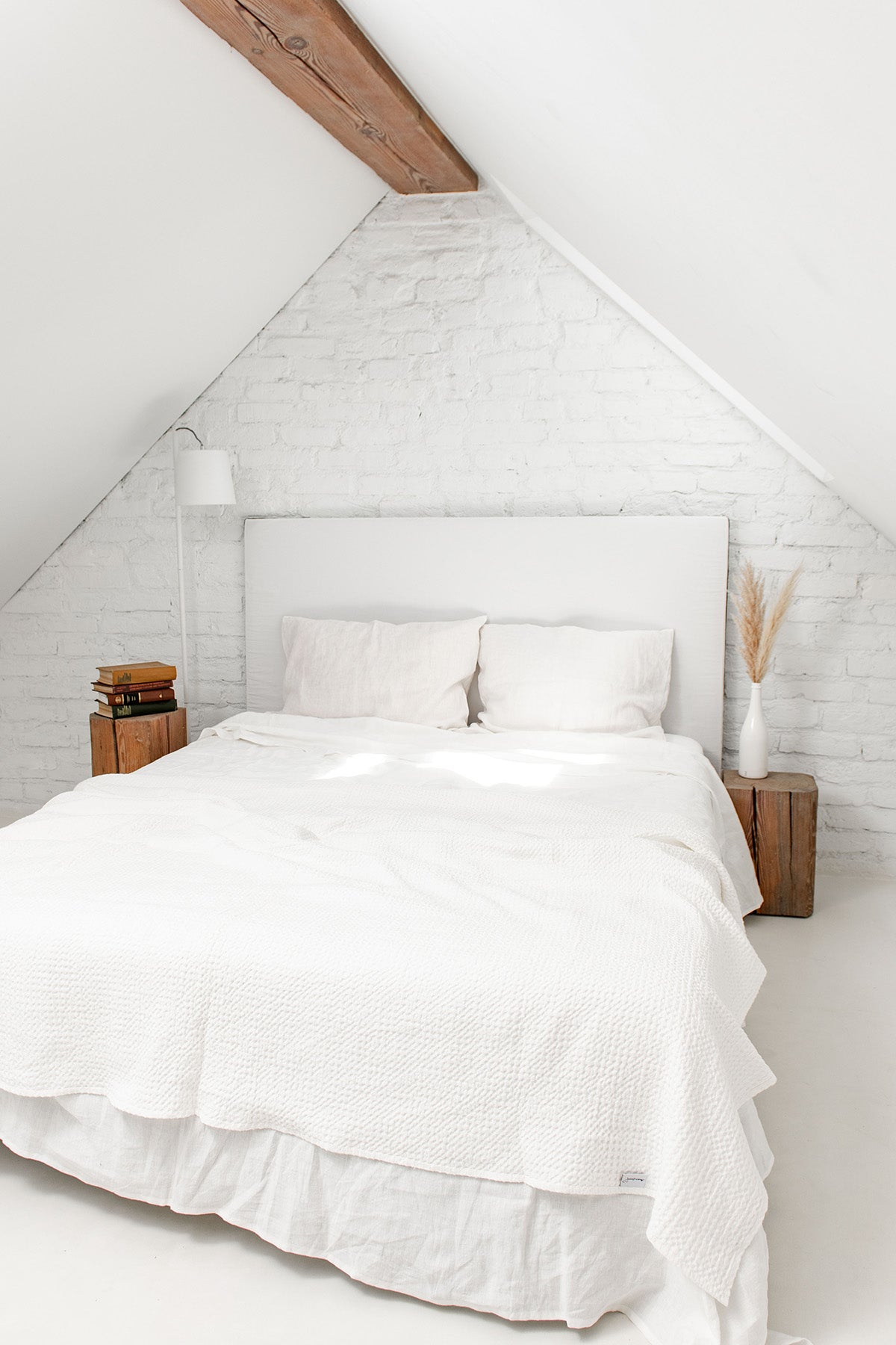 White Rustic Room WIth White Bed and White Linen Bed Throw