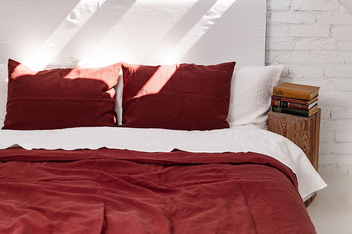 Terracotta LInen Pillowcase and bedding on Bed AmourlInen