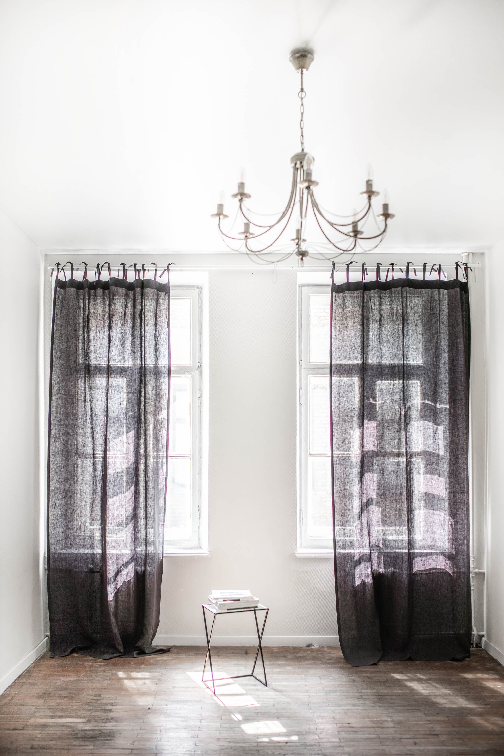 White Room With Charcoal Tie Top Linen Curtains By Amourlinen