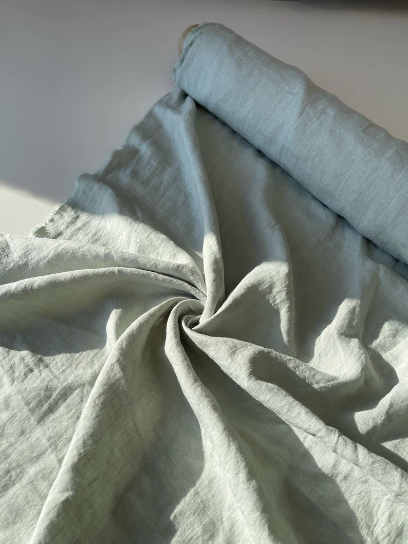 Close Up Of Sage Green Linen Fabric By AmourlInen